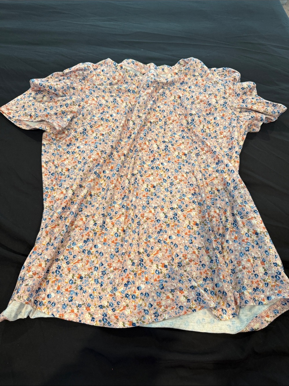 Floral Short Sleeve Ruffle Neck Blouse - Pink & Blue Floral